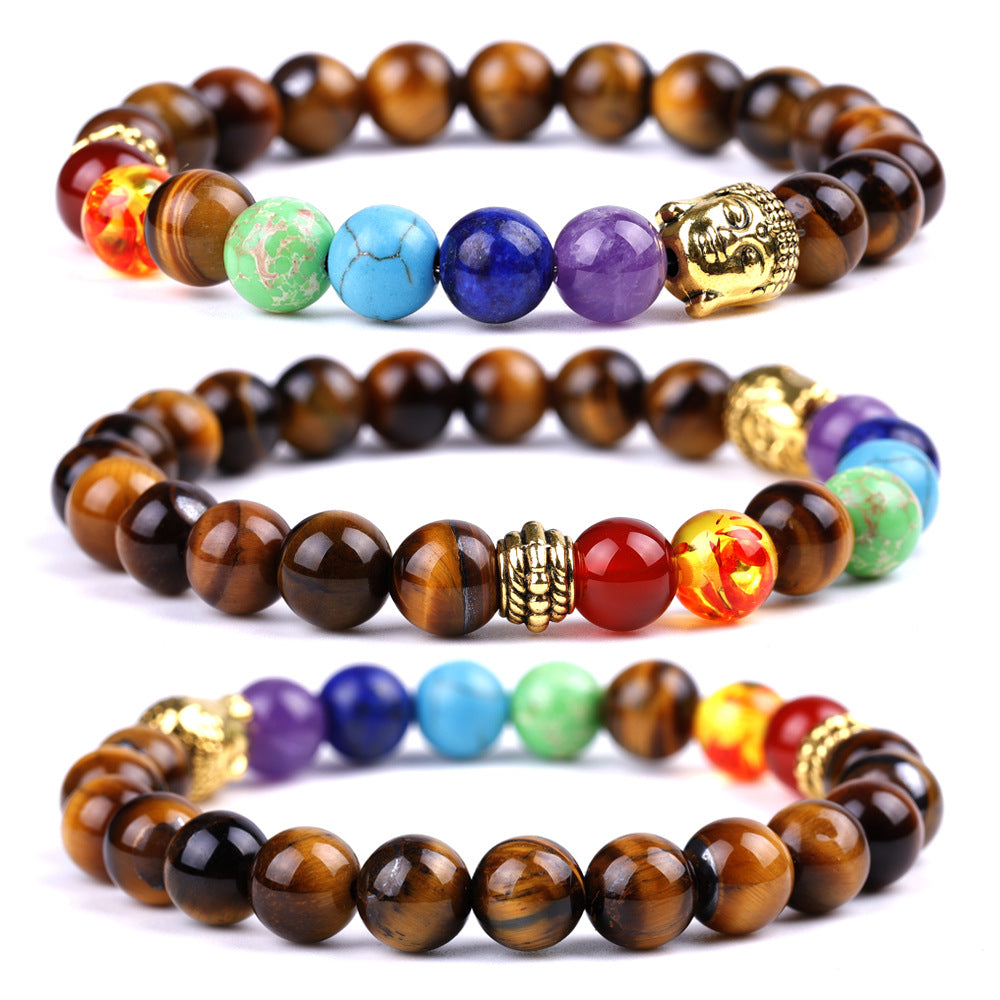 7 Chakra Healing Beaded Bracelet Set - Lava Stone & Tiger Eye