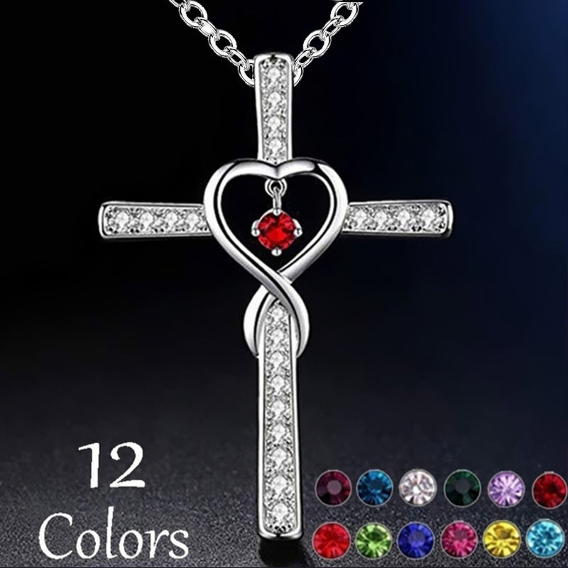 Elegant Infinity Love Cross Pendant Necklace with Birthstone