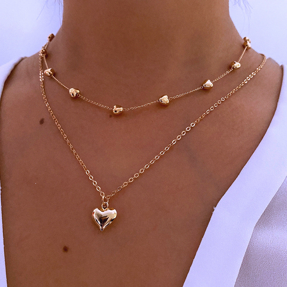 Gold Double Layer Heart Charm Necklace