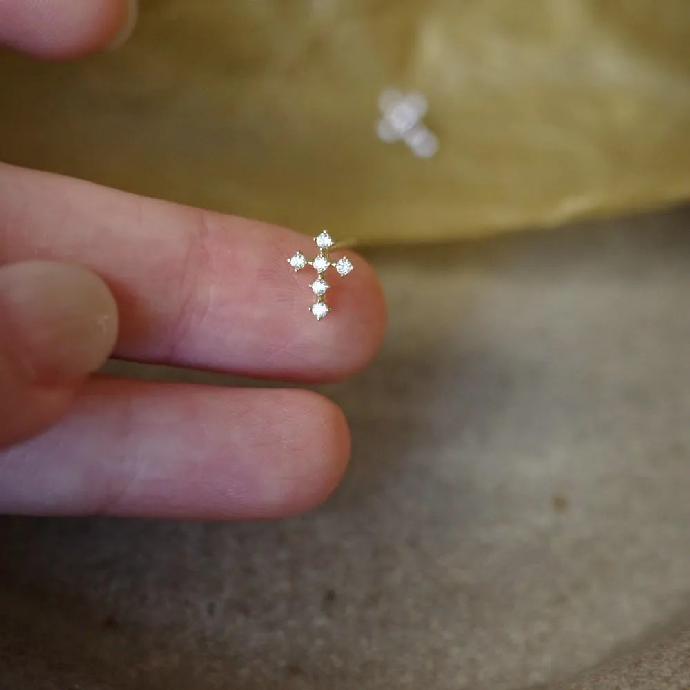 925 Sterling Silver Plating 14K Gold Mini Simple Zircon Cross Earrings for Women Exquisite Party Gifts Jewelry